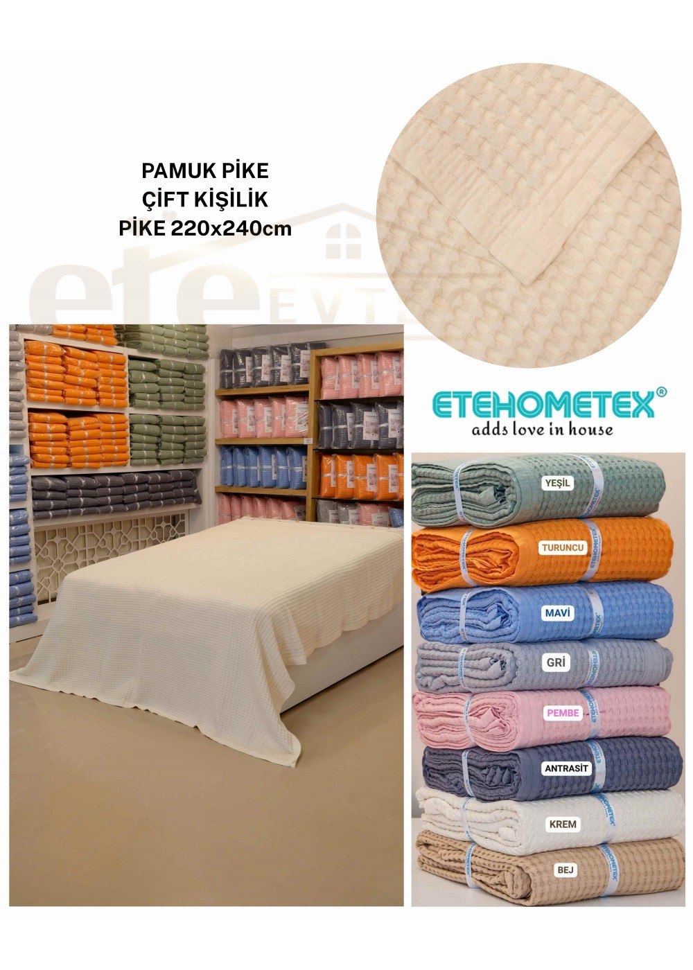 ETEHOMETEX HAVUZLU PİKE ÇİFT KİŞİLİK 220X240CM KREM 8696474231654